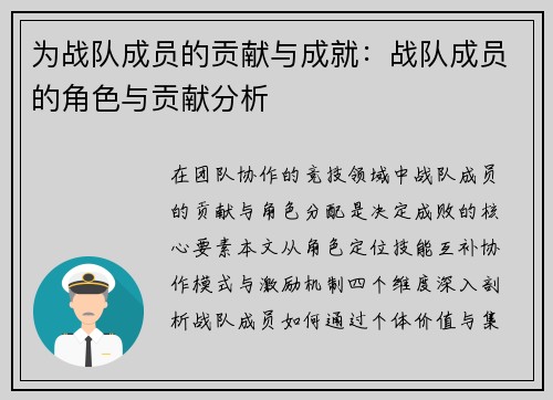 为战队成员的贡献与成就：战队成员的角色与贡献分析